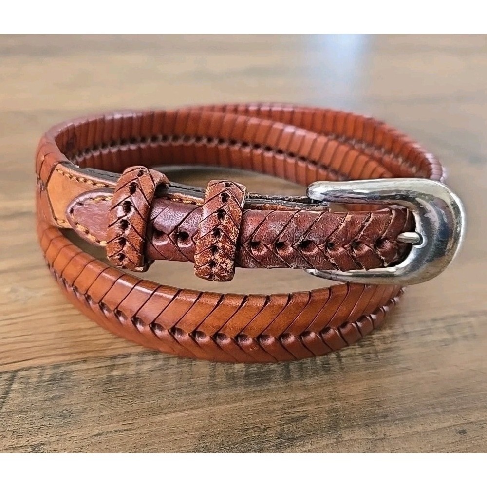 VTG Ladies Unisex Brown Genuine Leather Fishbone Braided Belt/Silver Buckle 34
